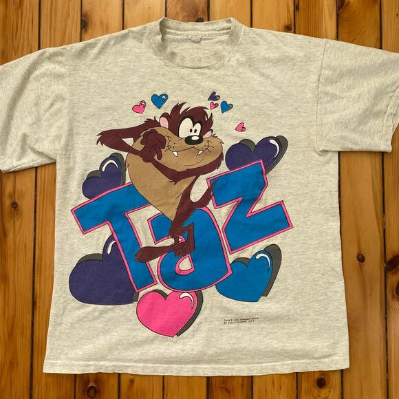 Vintage 1993 Taz Tazmanian Devil Looney Tunes Heart Graphic T-Shirt Size Large - Picture 1 of 5